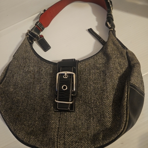 COACH G04J-1407 Vintage Black & Gray Herringbone Tweed Leather  Hobo Handbag 2YK - Picture 4 of 16